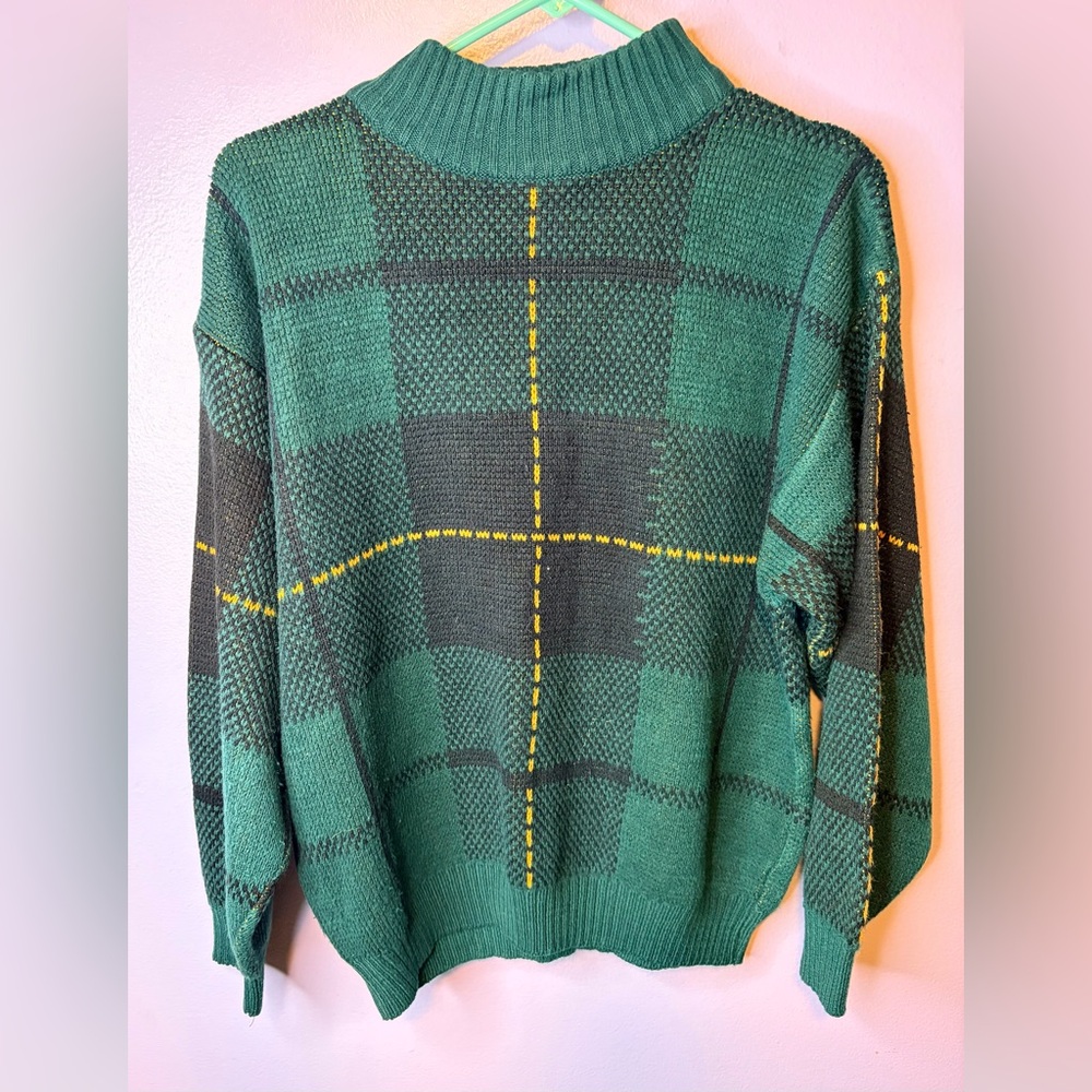 Vintage 90s Plaid Knit Sweater Green Black Mock Neck 80s Grunge Preppy Size M